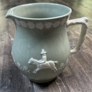 Copeland Spode England Large Sage Green Fortuna Jug Pitcher Fox Hunt Scene Horse